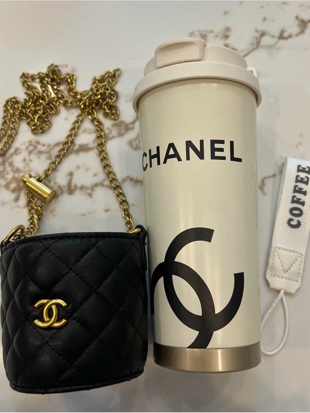 CHANEL Black Quilted Key Holder with Gold Chain and Cream Travel Tumbler GWP